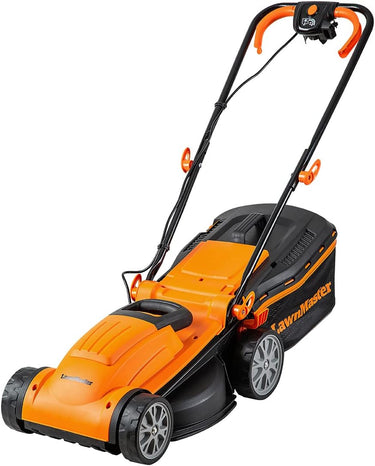 LawnMaster MEB1434M Cortacésped Eléctrico 1400W 34cm, Altura de Corte 6 Niveles 20-70 mm, Bolsa de Recogida de 32L